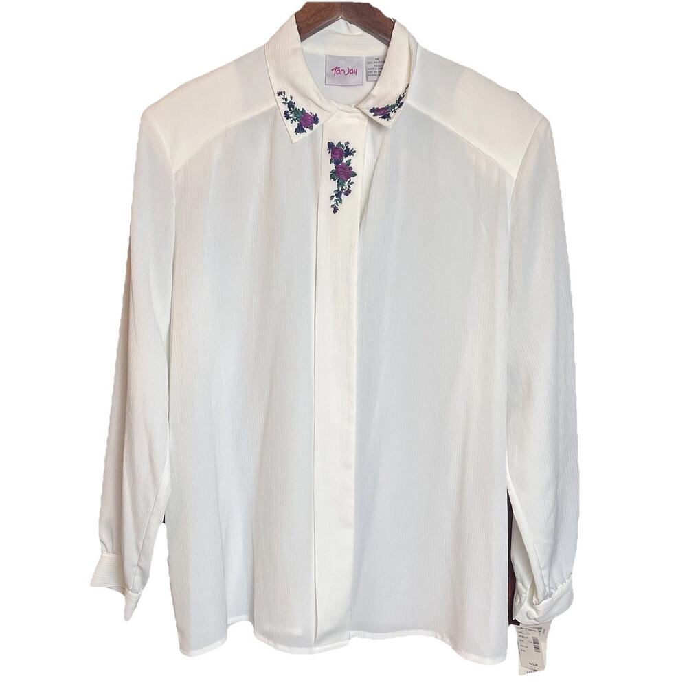 TanJay White Blouse Dress Shirt Button Floral Embroidered Vintage Top Size 14